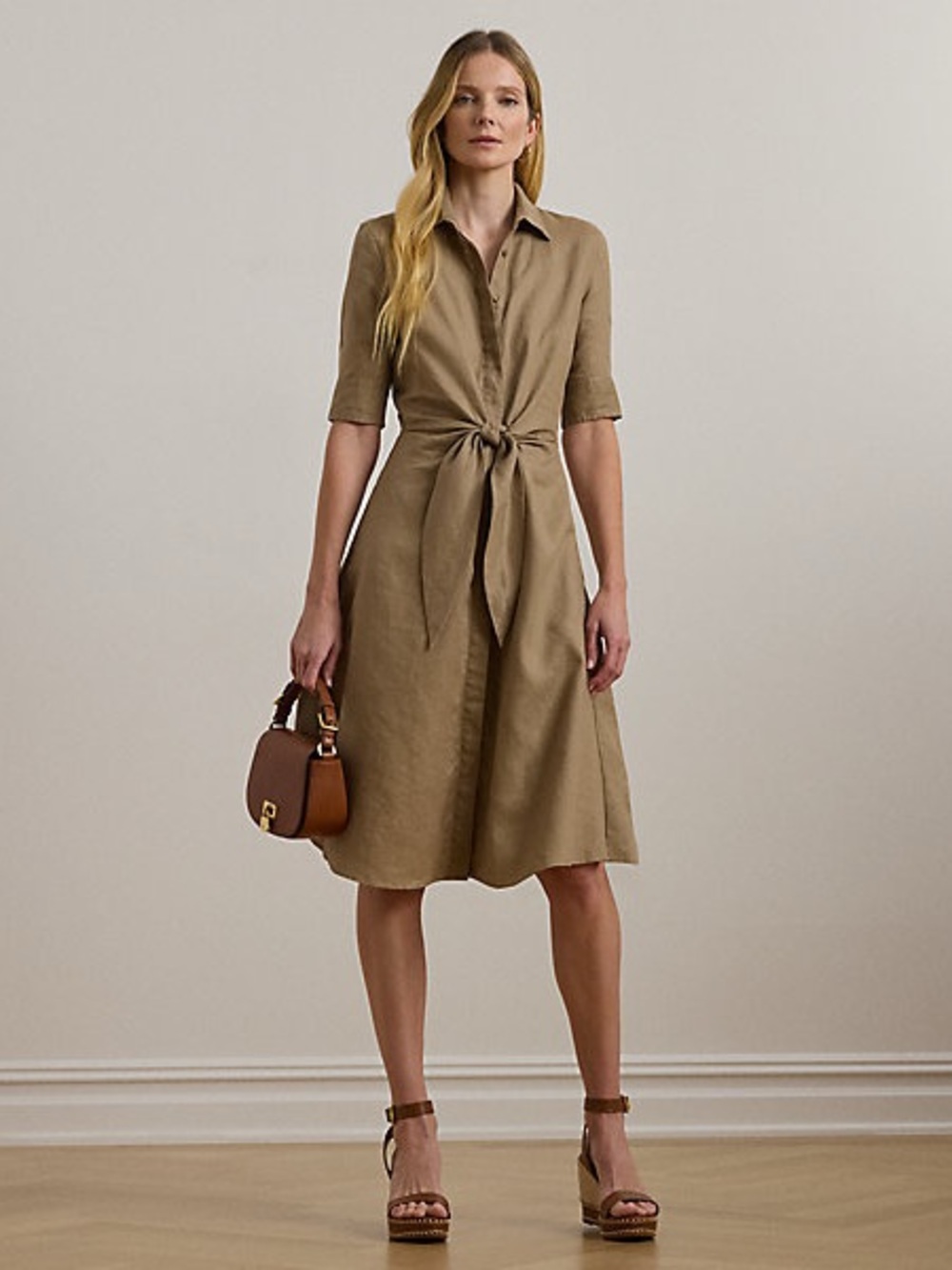 Lauren Ralph Lauren Linen Khaki Tie-Waist Midi Shirt Dress Size 8